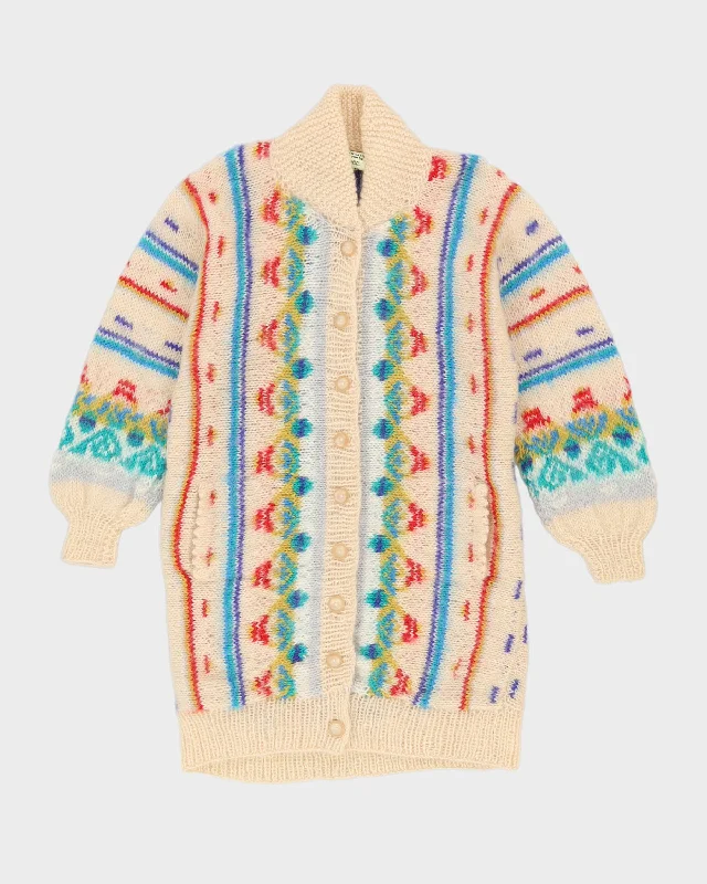 Cream Patterned Hand Knitted Cardigan - M Terry Blend Velvet Blend Canvas Blend