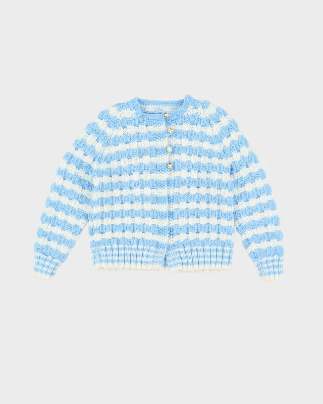 Vintage Blue And White Patterned Knitted Cardigan - S Print Jacquard Patchwork