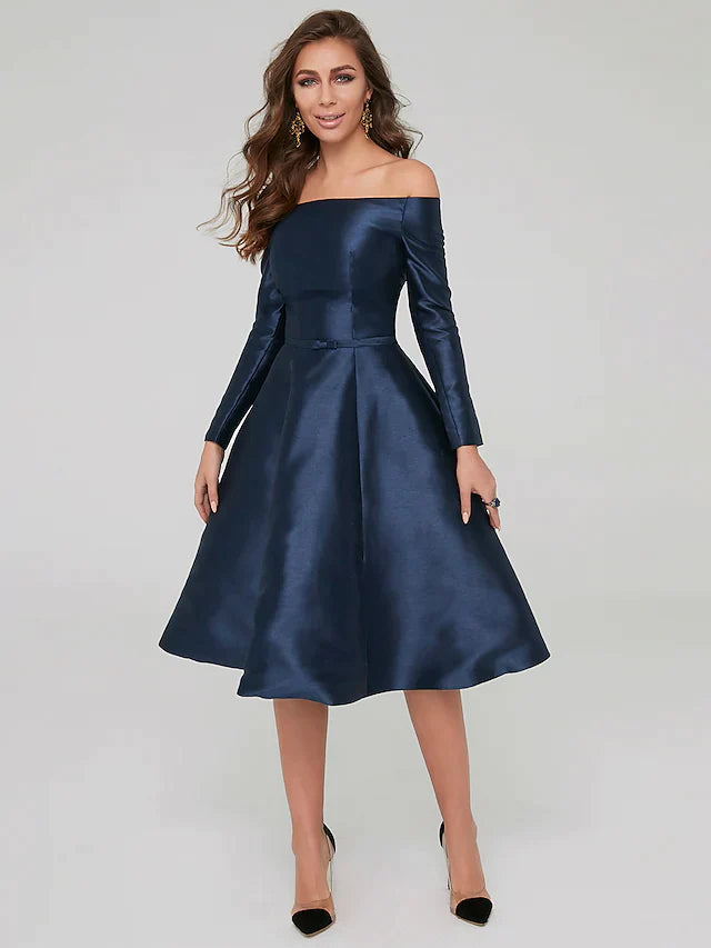 A-Line Dresses Party Dress Wedding Knee Length Long Sleeve Off Shoulder Satin with Pleats Tunics Party sparkling