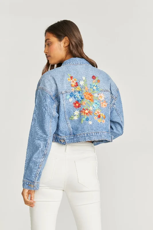 Le Bouquet Denim Crop Jacket Notch Collar Peter Pan Collar Cowl Neck