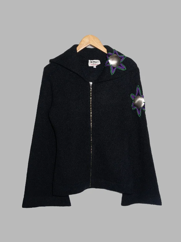 Dirk Bikkembergs winter 1996 black wool metal flower applique zip cardigan - S Elegant Classic Vintage