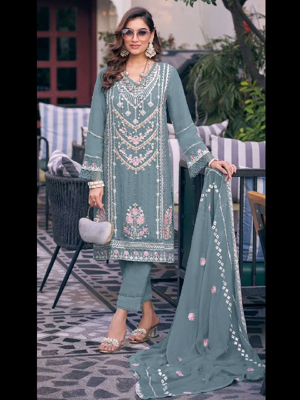 Light Teal Classy Designer Semi-Stitched Fox Georgette Pant Suit With Embroidery Sequins Work Comfortable Jogging Pants