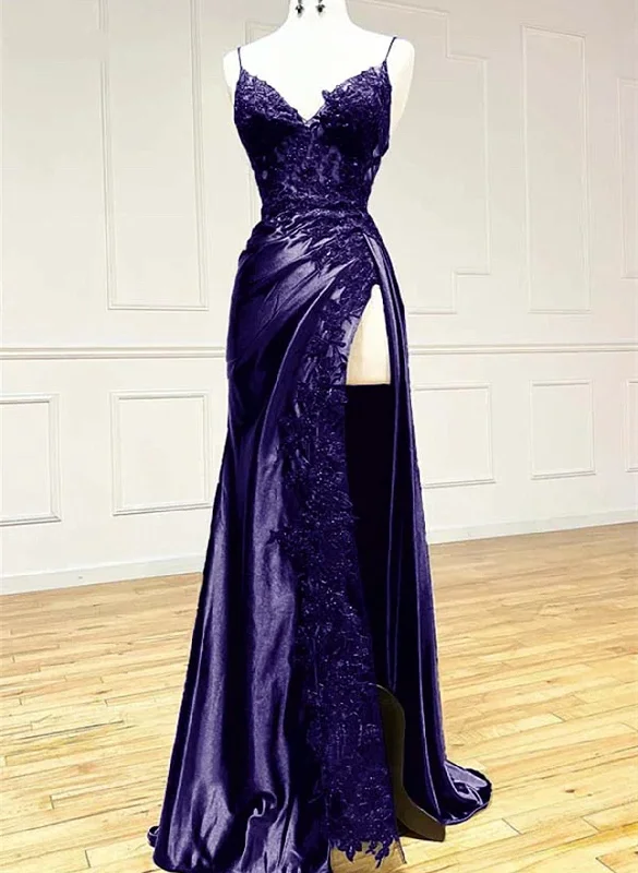 Purple Satin with Lace V-neckline Straps Long Party Dress, Black Prom Dress Tunics Cozy comfortable