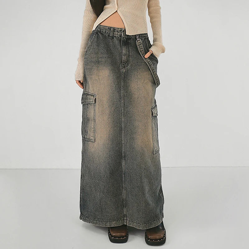 Y2K Side Strap Cargo Maxi Skirt velvet skirt rich