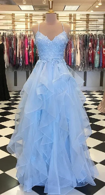 Blue sleeveless prom dress,applique spaghetti-straps v-neck evening dress,tulle lace ruffles party dress Tunics Bestseller popular