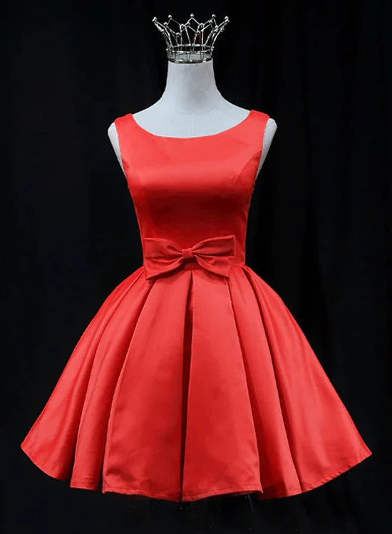 Red Satin Round Neckline Prom Homecoming Dress Red Short Party Dress prom dresses shops Sequined Elegant Party