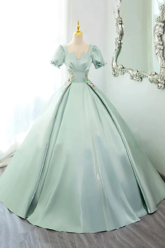 Green Satin Lace Long Prom Dress, Beautiful A-Line Short Sleeve Evening Party Dress Tunics Custom made
