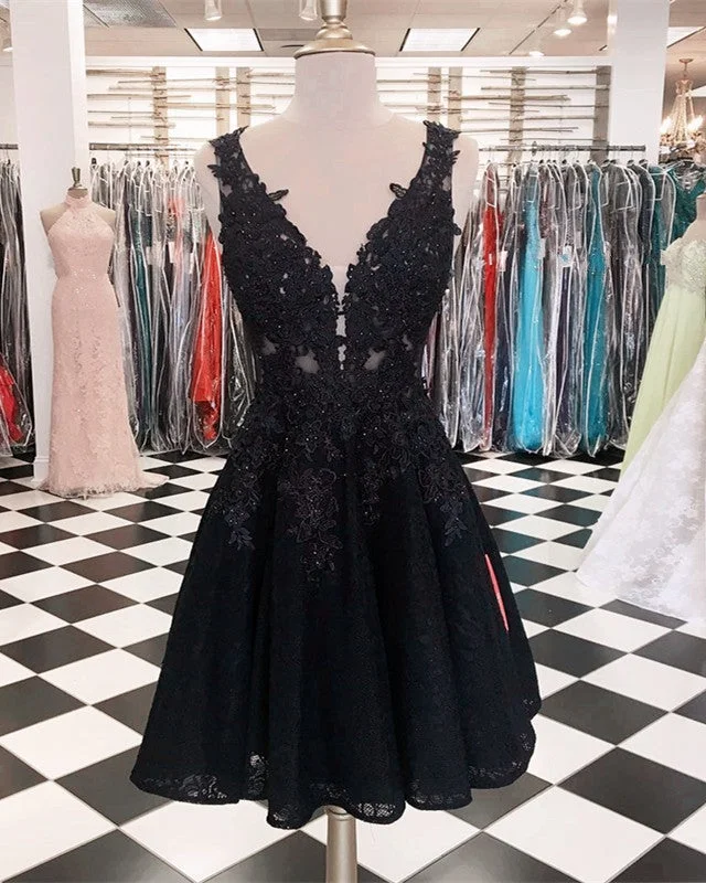 Elegant A-line Deep V-neck Lace Homecoming Dresses Short Cocktail Party Dress Tunics Recommended stylist