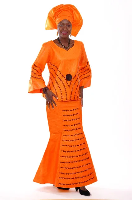 Orange African Brocade Top and Skirt Black Embroidery-DP3427DO satin skirt smooth