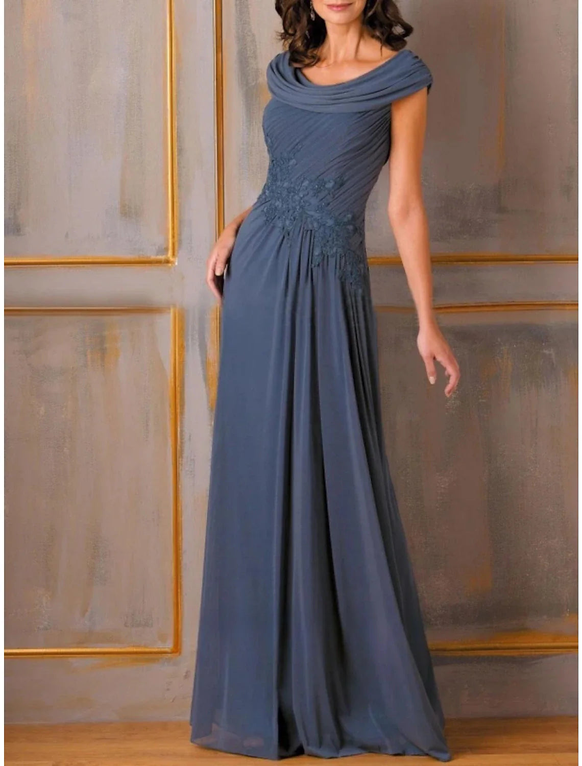 A-Line Evening Gown Party Dress Elegant Dress Formal Fall Floor Length Short Sleeve Scoop Neck Chiffon with Pleats Ruched Appliques Tunics Office stylish