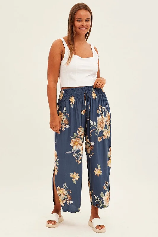 Multi Floral Wideleg Pants Shirred Waistband Textured Crepe Soft Sweatpants Style
