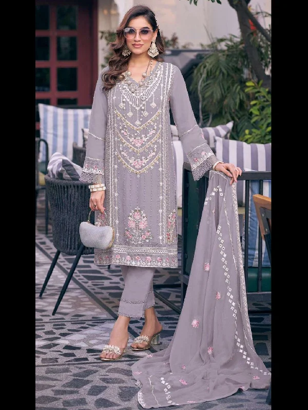 Lavender Classy Designer Semi-Stitched Fox Georgette Pant Suit With Embroidery Sequins Work Elegant Silk Pants