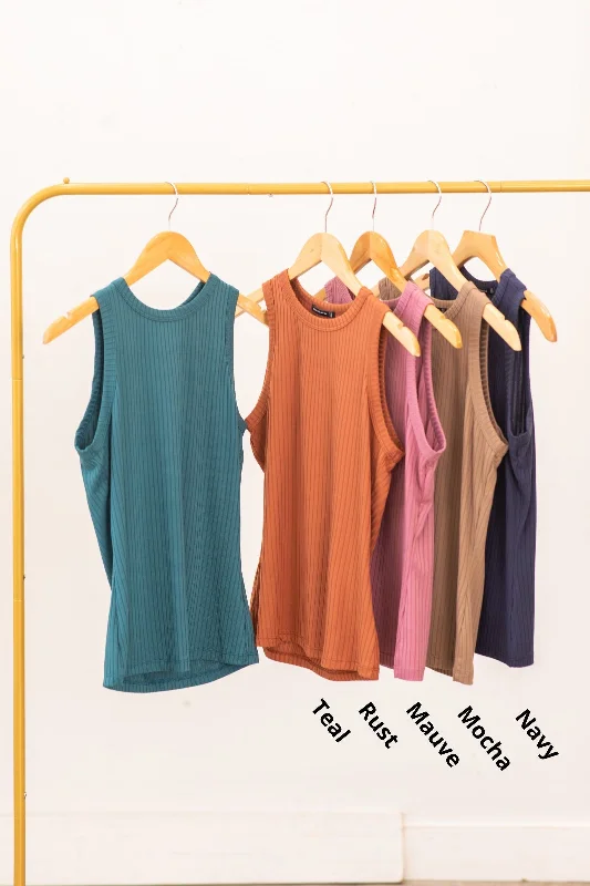 Ribbed High Neck Tank metallic tank top