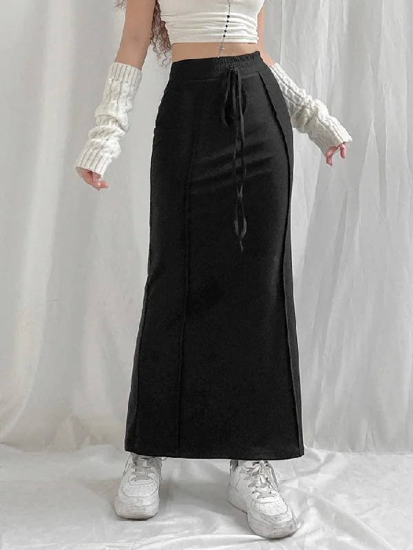 Dark Academia Drawstring Maxi Skirt leather skirt bold