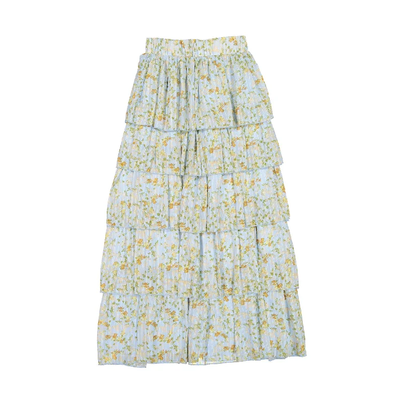 A4 Light Blue Floral Ruffle Skirt elastic waist skirt