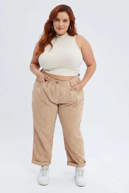 Camel Corduroy Pants Tapered Pleat Front Fashionable Tapered Leg Pants