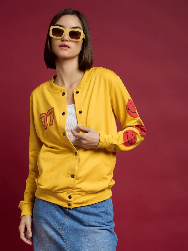 Women Yellow Terry 07 Embroidered Varsity Jacket Fleece Fabric Down Fabric Feather Fabric Women Yellow Terry 07 Embroidered Varsity Jacket Fleece Fabric Down Fabric Feather Fabric