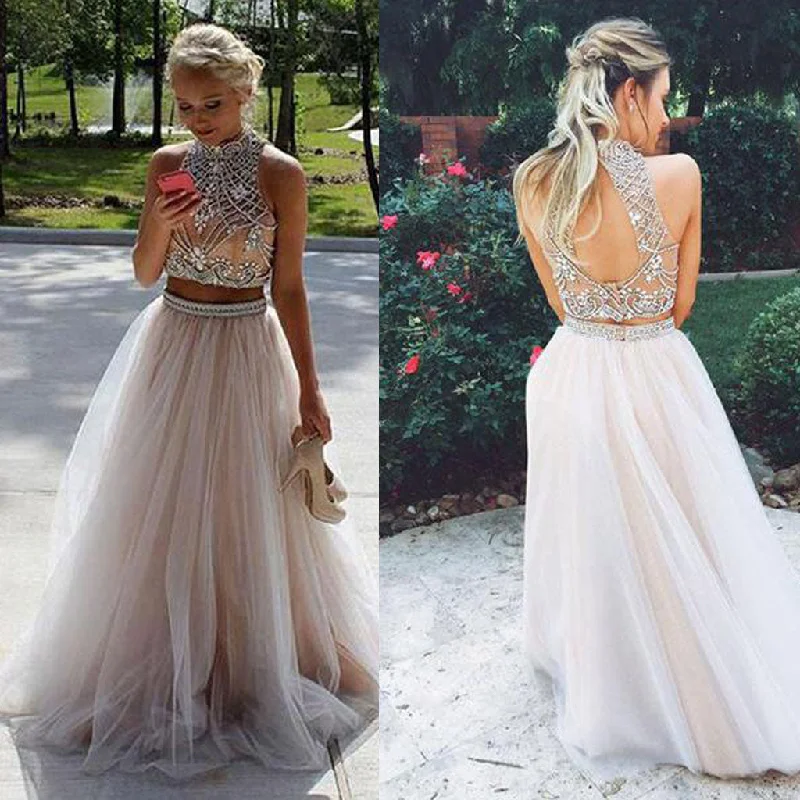 Long Prom Dresses, Tulle Prom Dresses, A-Line Party Dresses, Two Pieces Evening Dresses, New Arrival Prom Dress with Beads , Sexy Prom Dresses, Open-Back Prom Dress, LB0543 Tunics Chic fashionable
