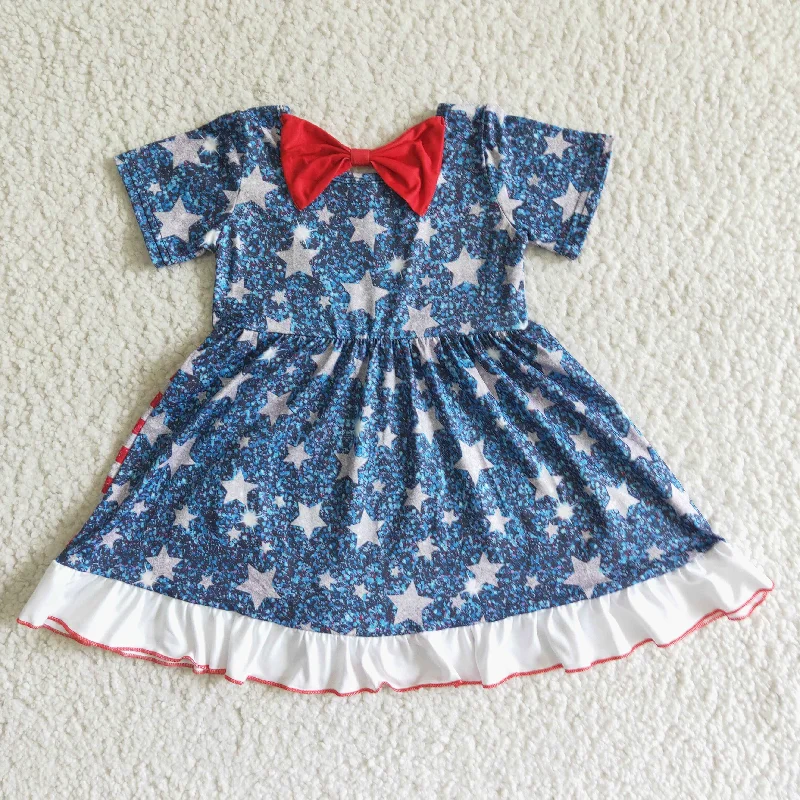 Clearance GSD0033 Girls Blue White stars Red pastel striped sequin short-sleeved skirt high quality boho skirt vibe