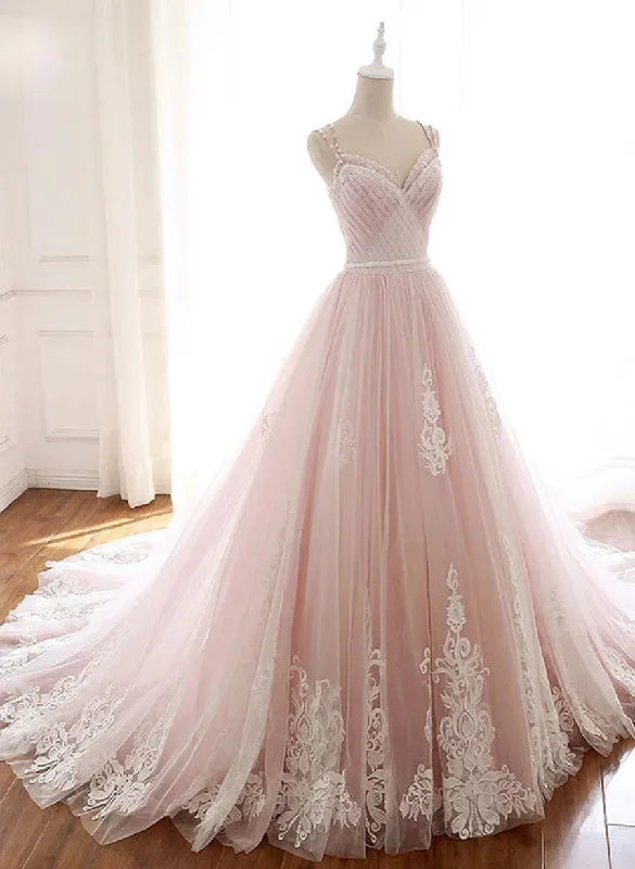 Pink Elegant Tulle V-neckline Straps Party Dress with Lace Pink Sweet 16 Dress prom dresses shops Mermaid Tail Wedding
