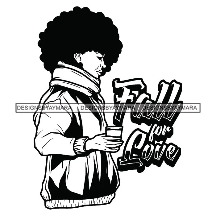 Fall For Love Standing Woman Holding Coffee Cup Wearing Winter Jacket Black Curly Hairs Hair Style Girl Black And White SVG JPG PNG Vector Clipart Cricut Silhouette Cut Cutting Zip Front Button Front Snap Front Fall For Love Standing Woman Holding Coffee Cup Wearing Winter Jacket Black Curly Hairs Hair Style Girl Black And White SVG JPG PNG Vector Clipart Cricut Silhouette Cut Cutting Zip Front Button Front Snap Front