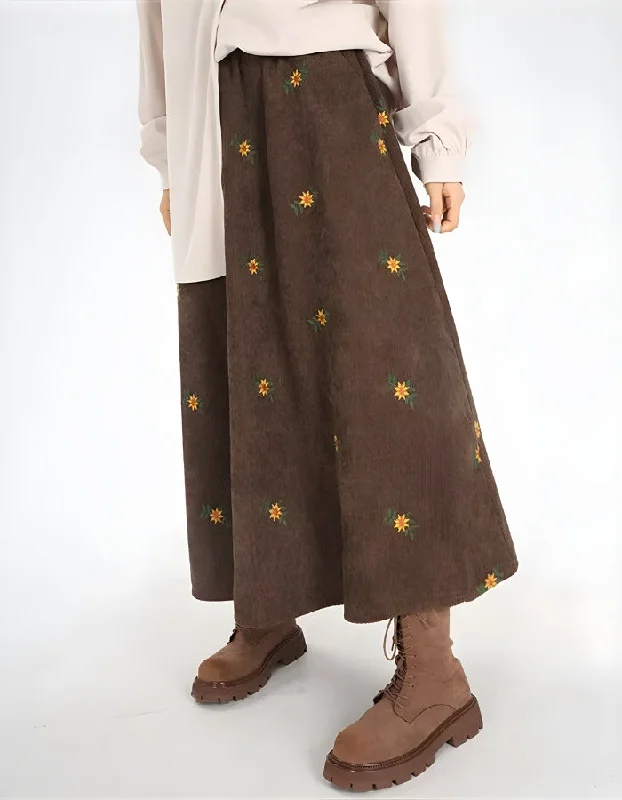Sunflower Embroidered Corduroy Maxi Skirt silk skirt lustrous