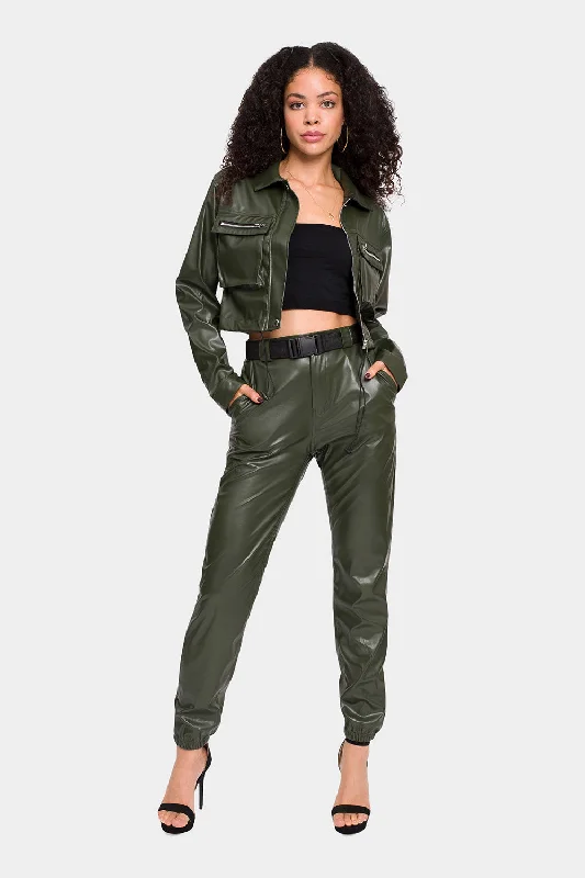 Faux Leather Cropped Jacket High Rise Jogger Set Front Pockets Side Pockets Patch Pockets Faux Leather Cropped Jacket High Rise Jogger Set Front Pockets Side Pockets Patch Pockets