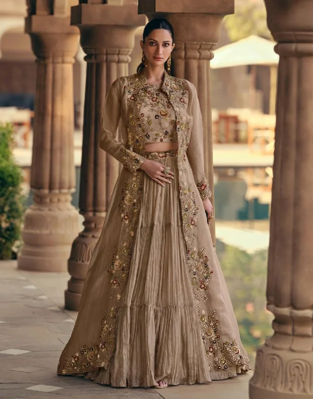 Graceful Beige Embroidered Chinon Silk Georgette Lehenga Blouse with Chic Jacket Embroidered Jacket Appliqued Jacket Beaded Jacket Graceful Beige Embroidered Chinon Silk Georgette Lehenga Blouse with Chic Jacket Embroidered Jacket Appliqued Jacket Beaded Jacket