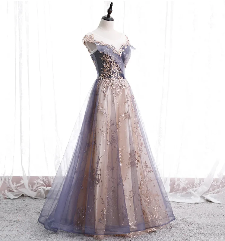 A-line Tulle with Lace Applique Party Dress Tulle Long Prom Dress prom dresses shops Chiffon Maxi Beach