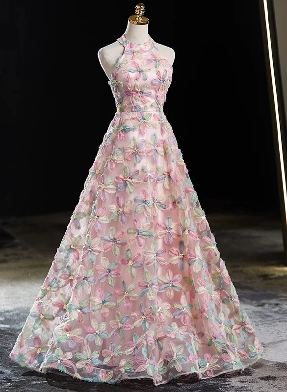 Pink Halter A-line Floral Lace Long Party Dress, Pink Low Back Prom Dress Tunics Review highly