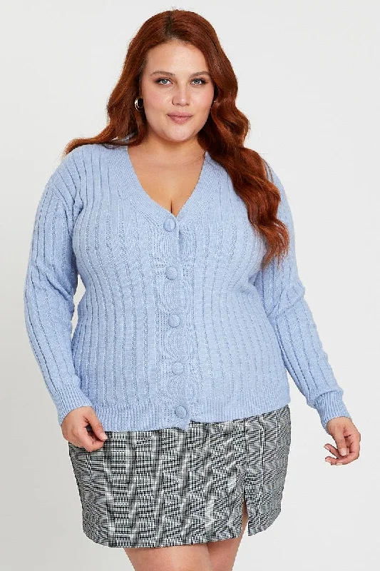 Blue Oversized Knit Rib Cardigan Sequined Glittery Shiny