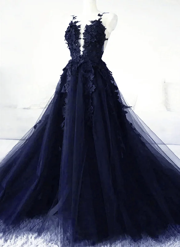 Navy Blue Tulle With Lace Applique Party Dress, Navy Blue Tulle Prom Dress Tunics Practical durable