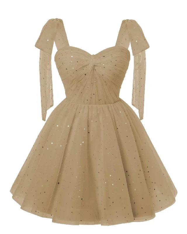 Sparkly Starry Champagne Tulle Short Homecoming Dresses Spaghetti Bow Straps Prom Dress Sequin Cocktail Party Dress for Teens Peplum Ruffle Cocktail