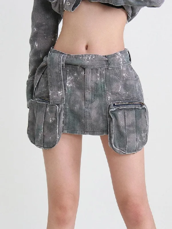 Grunge Distressed Cargo Denim Mini Skirt ruffled skirt detail