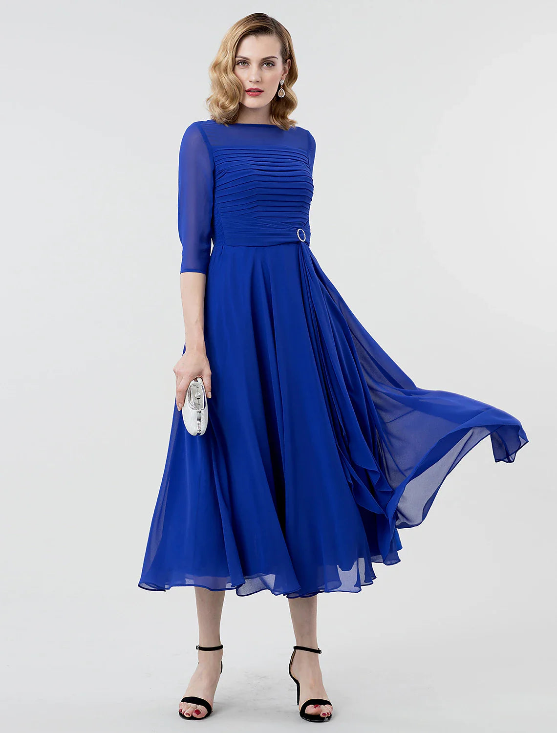 A-Line Elegant Formal Evening Wedding Party Dress Boat Neck 3/4 Length Sleeve Tea Length Georgette with Ruched Crystal Brooch 2024 / Illusion Sleeve Tunics Bridal satin