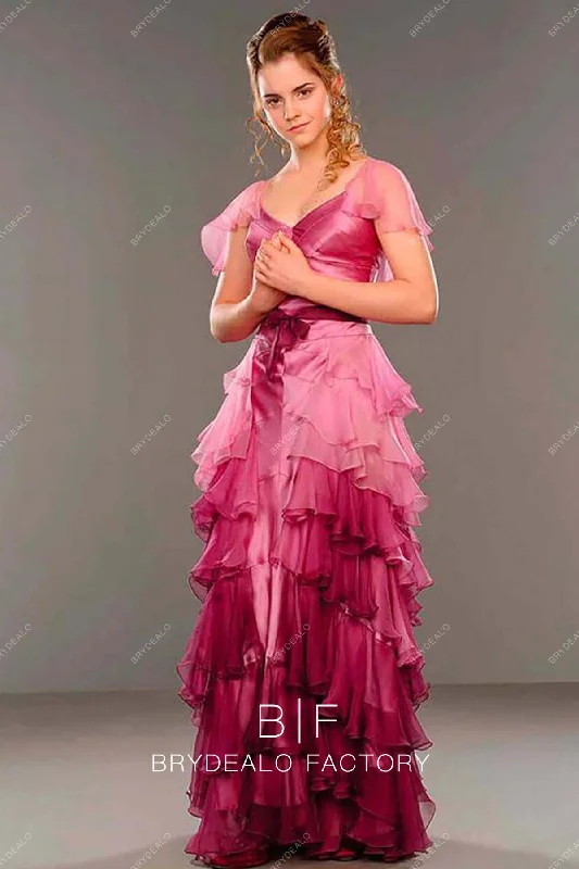 Hermione Granger Yule Ball Pink Ruffled A-line Party Dress Harry Potter Crew Neckline Sporty