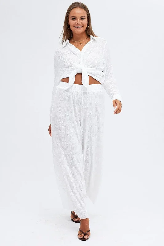 White Plisse Pants Wide Leg High Rise Formal Wide-Leg Pants