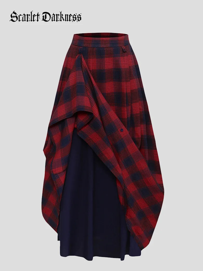 Women Plaided Buckle up Flared Swing Maxi Skirt leather skirt sleek