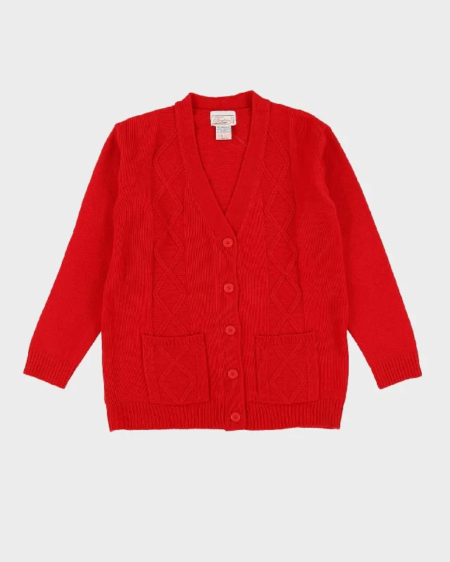 Vintage 90s Red Button Up Knit Oversized Cardigan - S Striped Floral Plaid