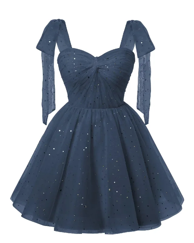 Sparkly Starry Navy Blue Tulle Short Homecoming Dresses Spaghetti Bow Straps Prom Dress Sequin Cocktail Party Dress for Teens Pencil Length Work
