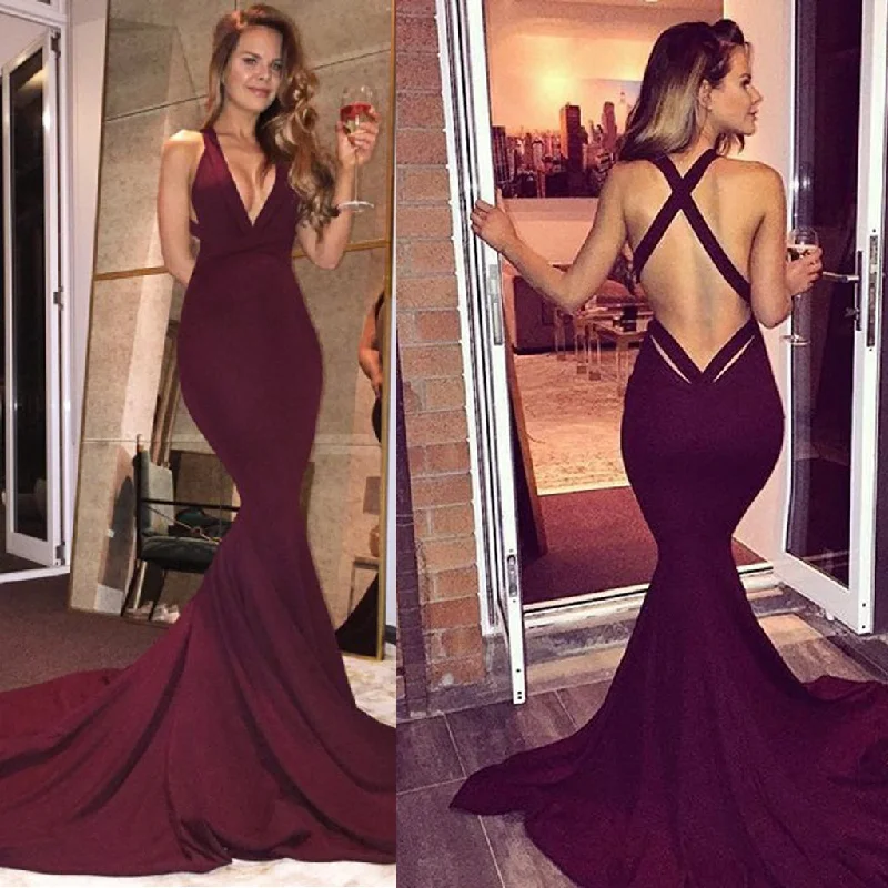 Long Prom Dresses, Satin Prom Dresses, Mermaid Party Dresses, Criss-Cross Straps Evening Dresses, Deep V-Neck Prom Dress, Backless Prom Dress, Prom Dress with Court Train, LB0569 Tunics Brand named