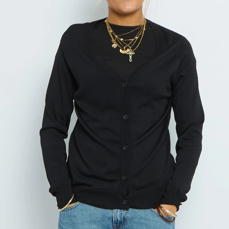 Low V-Neck Fine Knit Cardigan - UK 10 Thin Thick Dense