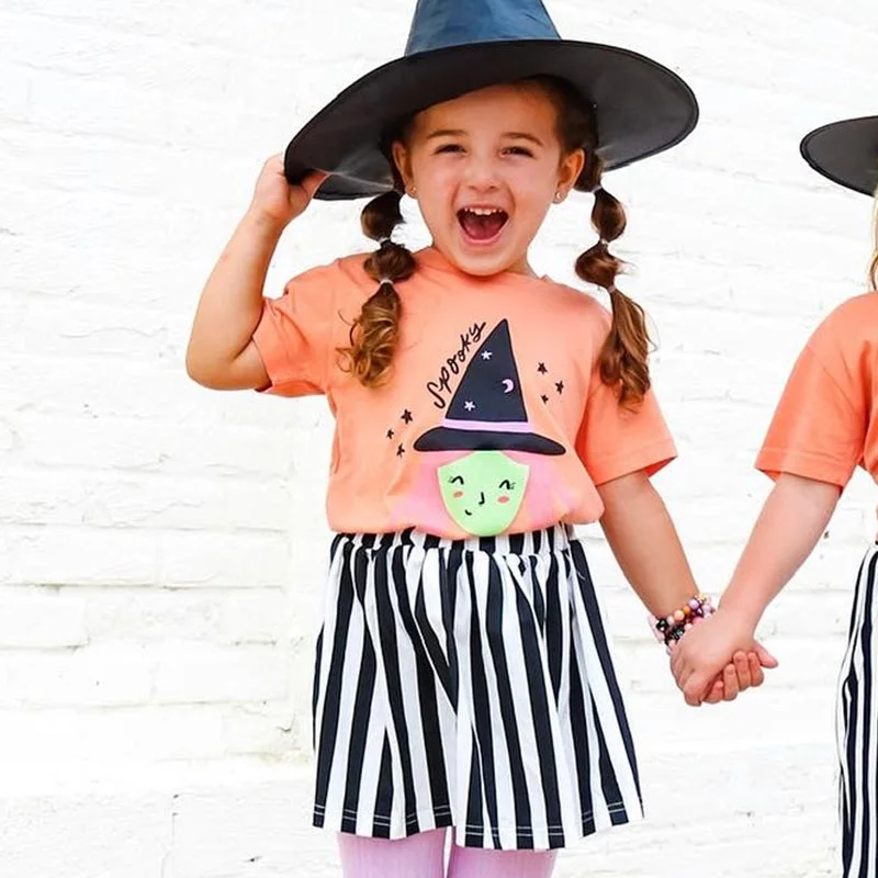 Preorder GSD1406 NO MOQ spooky Witch pink orange short sleeve black and white striped skirt set corduroy skirt comfortable