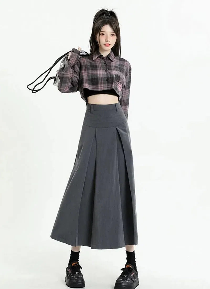 College Girl Pleated A-Line Midi Skirt denim skirt stylish