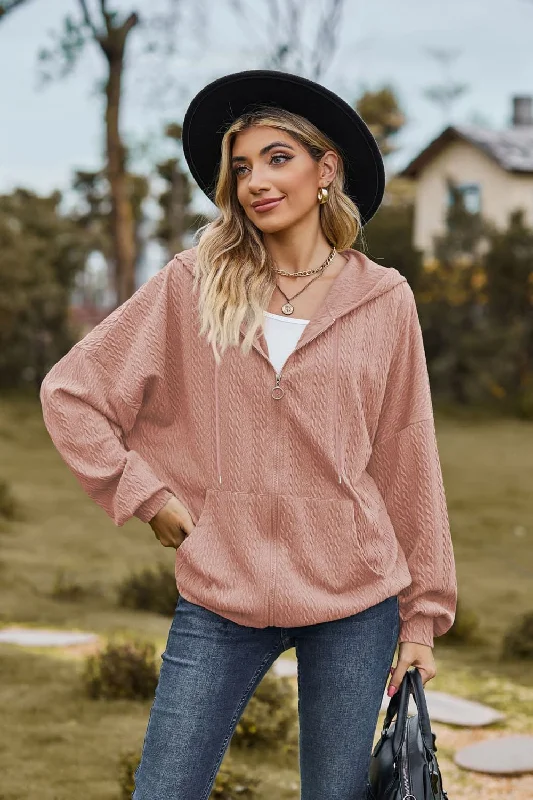 Cable-Knit Long Sleeve Hooded Jacket Wool Fabric Cashmere Fabric Tweed Fabric