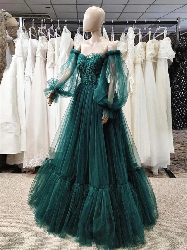 Green Puffy Sleeves Lace Top Long Party Dress, Green Tulle Prom Dress Tunics Floral girly