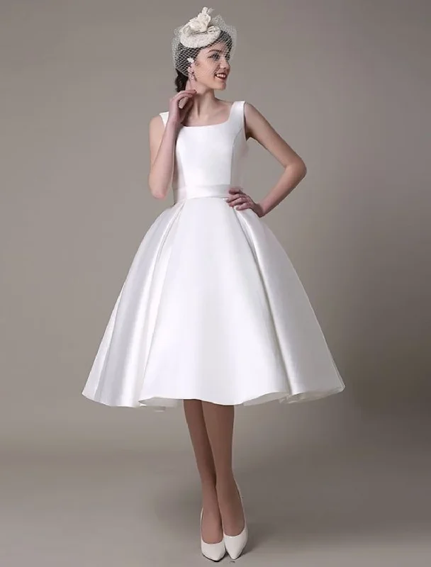 A-Line Cocktail Dresses Party Dress Wedding Guest Knee Length Sleeveless Square Neck Satin with Pleats Tunics Formal black