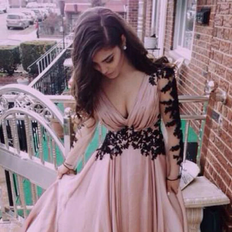 Long Prom Dresses, Satin Prom Dresses, A-Line Party Dresses, V-Neck Evening Dresses, Long Sleeve Prom Dresses , Applique Prom Dresses, Tulle Prom Dress, LB0463 Peplum Ruffle Cocktail