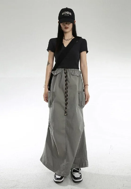 Cargo Pockets Parachute Maxi Skirt chiffon skirt floaty
