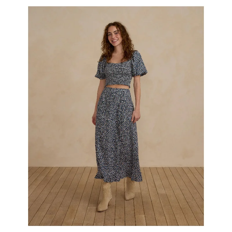 Rylee and Cru Blue Floral Button Slit Womens Skirt cotton skirt soft